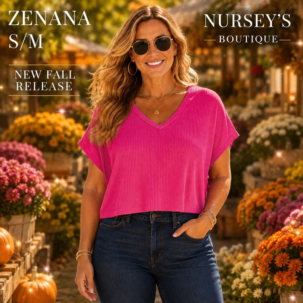 Zenana S/M Fuchsia Ribbed V Neck Oversized Dolman Top New Fall Release